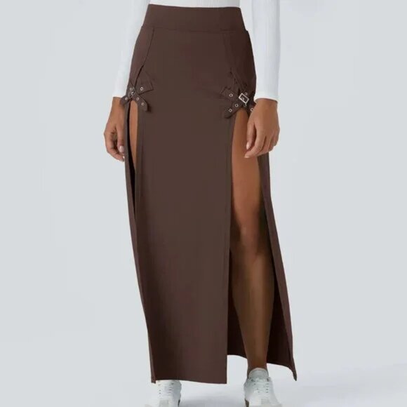 HALARA Dresses & Skirts - Halara High Waisted Decorative Buckle Split 2-in-1 Maxi Casual Skirt Chestnut L